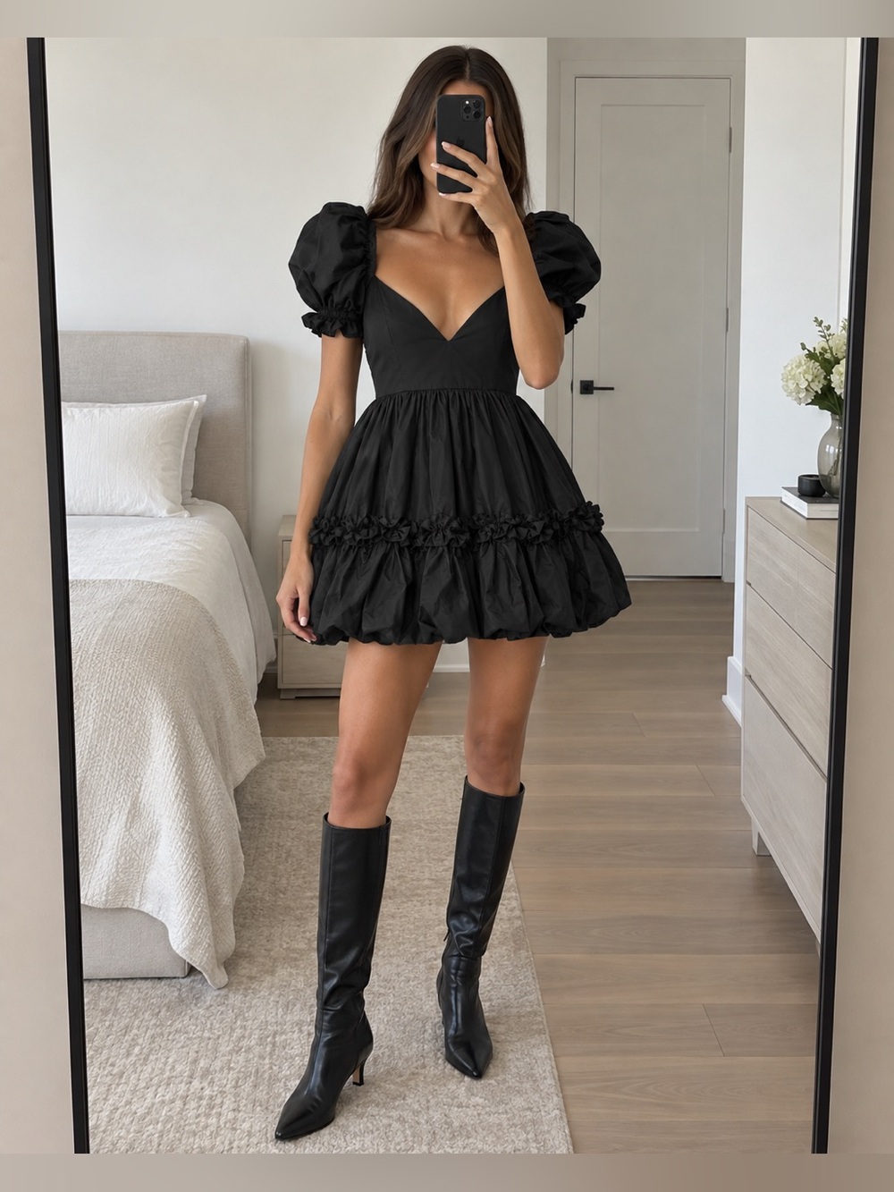Selkie The Girls Night Dress Caviar Black Ruffle Puff Sleeve Mini Dress M